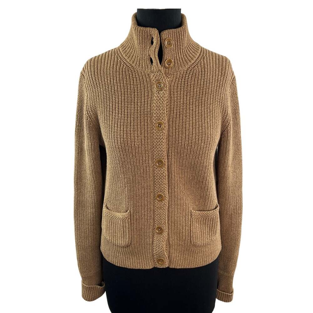 Vintage RALPH LAUREN Brown Camel Cardigan Sweater Chunky Knit Long Sleeve M L